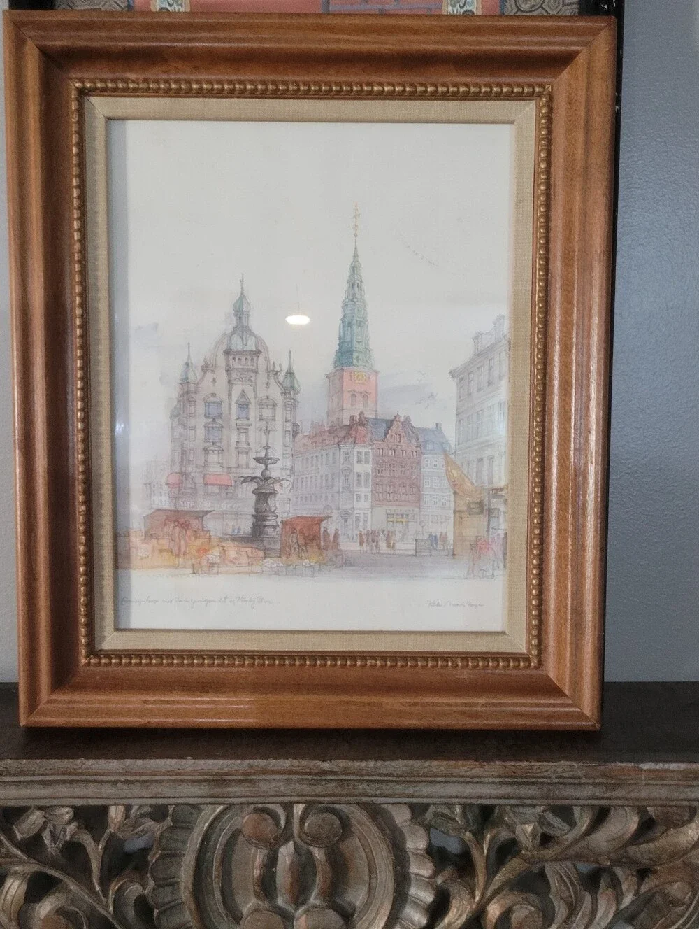 Mid-Century Danish Artist Mads Stage Copenhagen Cityscape Watercolor Print Frame